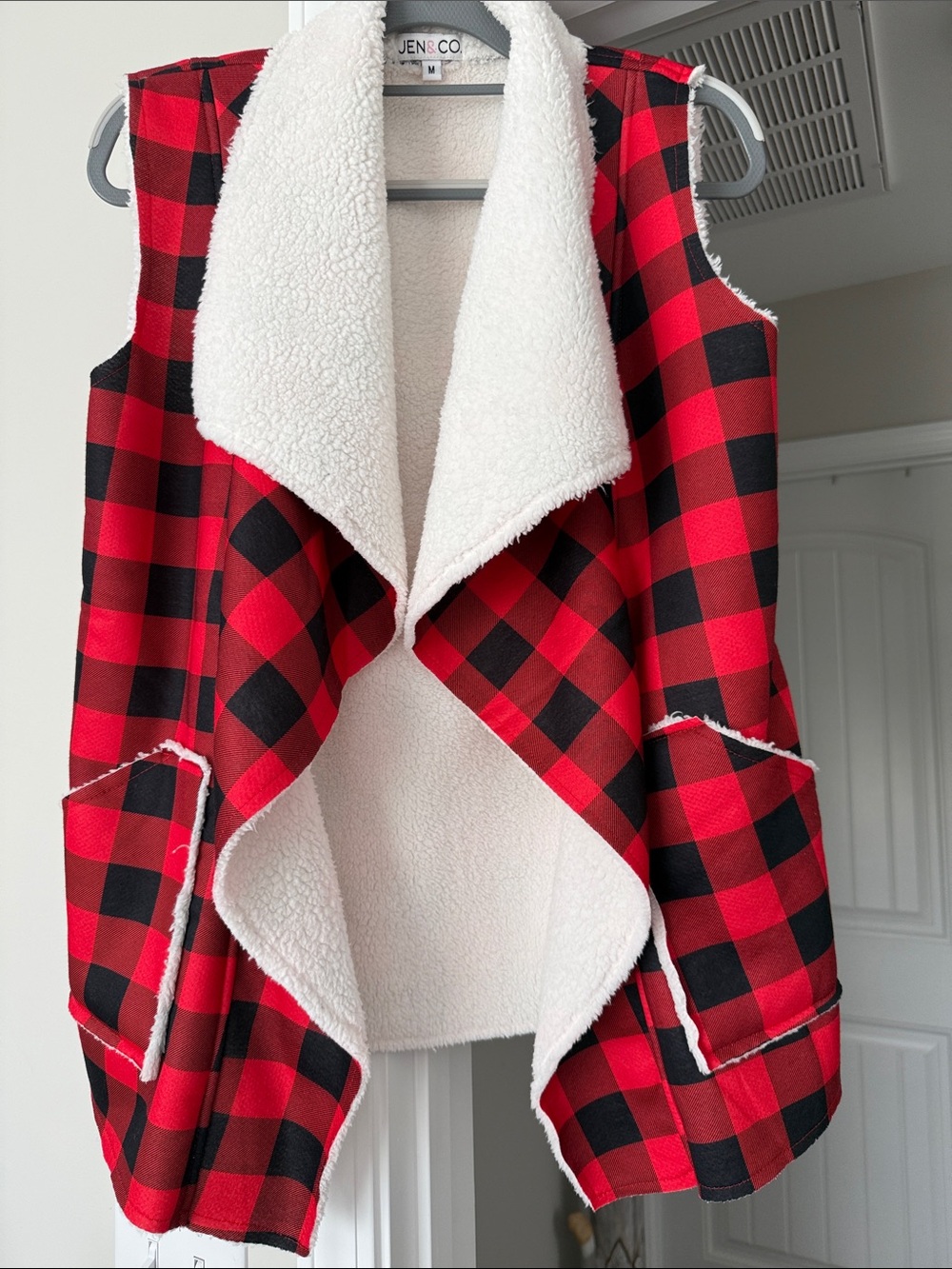 Jen & Co Red Black Buffalo Plaid Faux Sherpa Vest